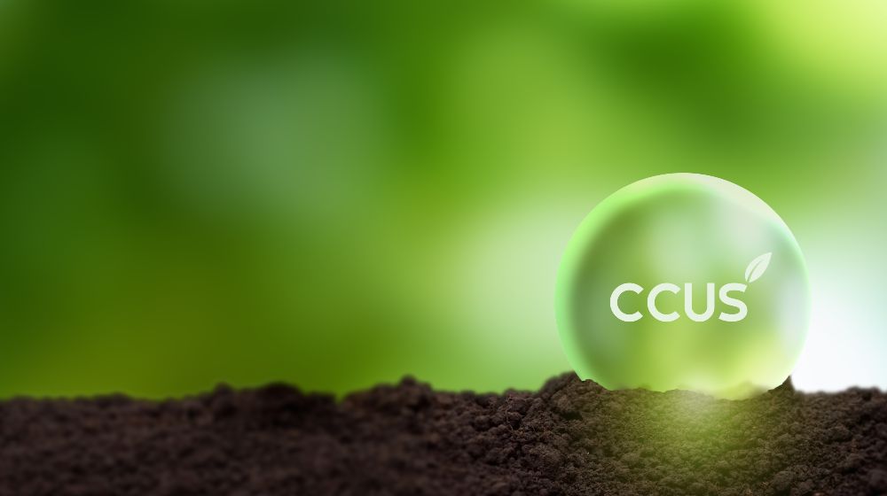 Grüne, transparente Kugel mit der Aufschrift „CCUS“ auf dunkler Erde vor einem unscharfen grünen Hintergrund.